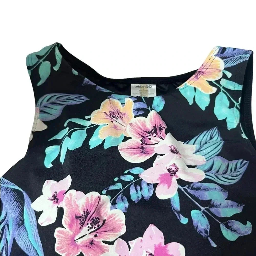 Lands End tankini black swimsuit top with hibiscus floral print - Picture 3 of 7